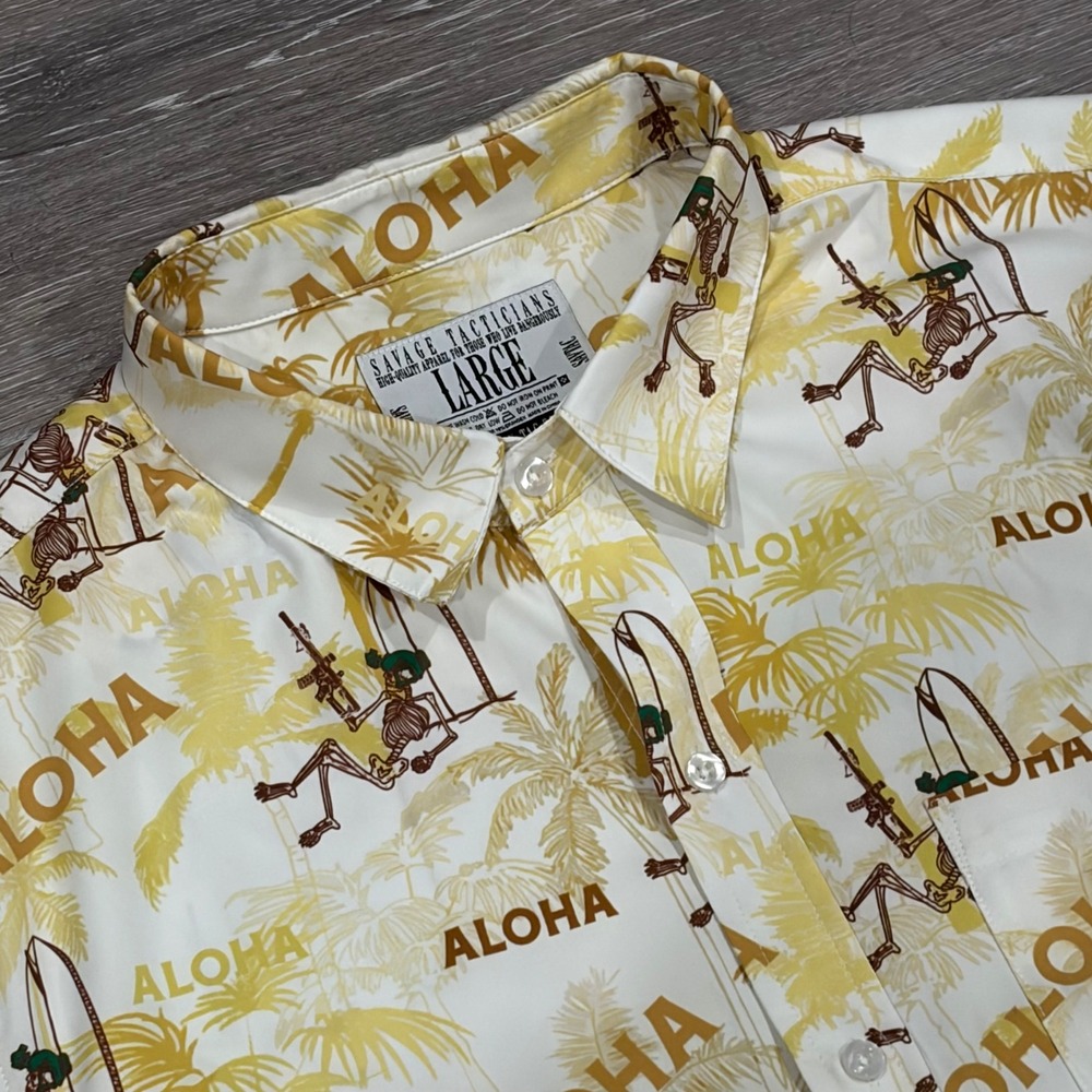 Savage Tacticians Aloha Shirt Mens Large Yellow Tactical Skeleton Tropical Print